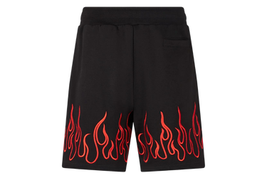 Vision of Super Black Shorts With Embroidered Red Flames and Metal Label